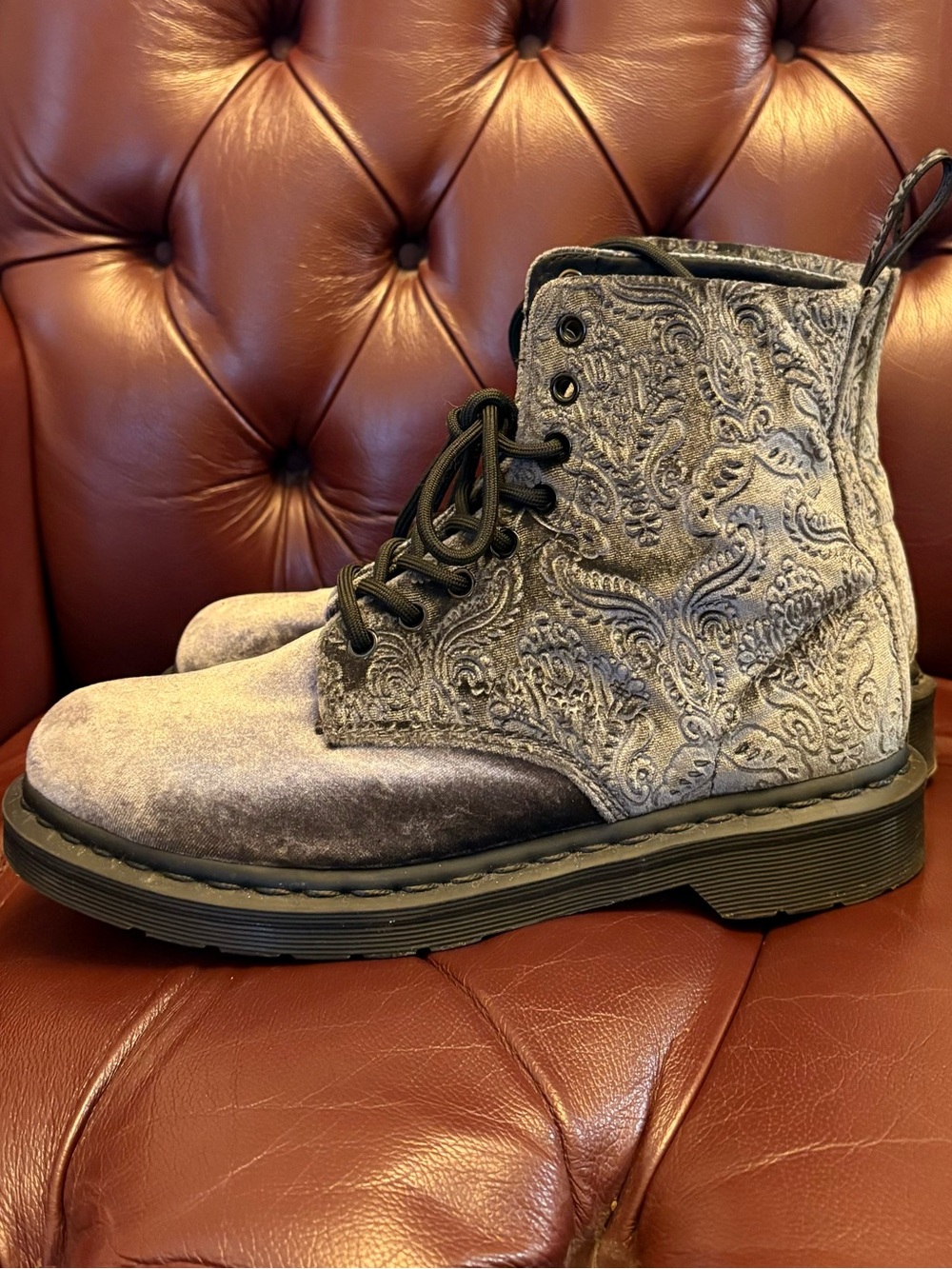 Dr Martens 1460 Brocade embossed paisley grey velvet boots 8/39